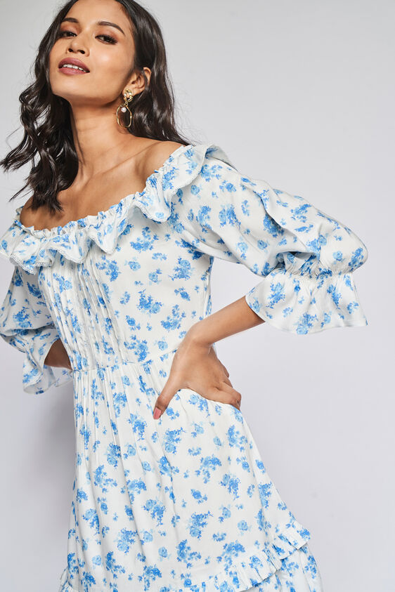 Blue Floral Fit & Flare Dress, Blue, image 4